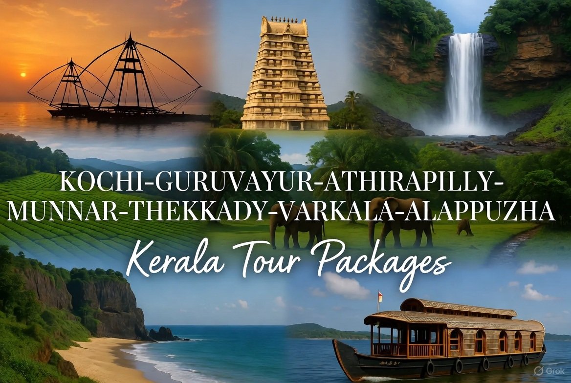 Kochi-Guruvayur-Athirapilly-Munnar-Thekkady-Varkala -Alleppey-Kochi